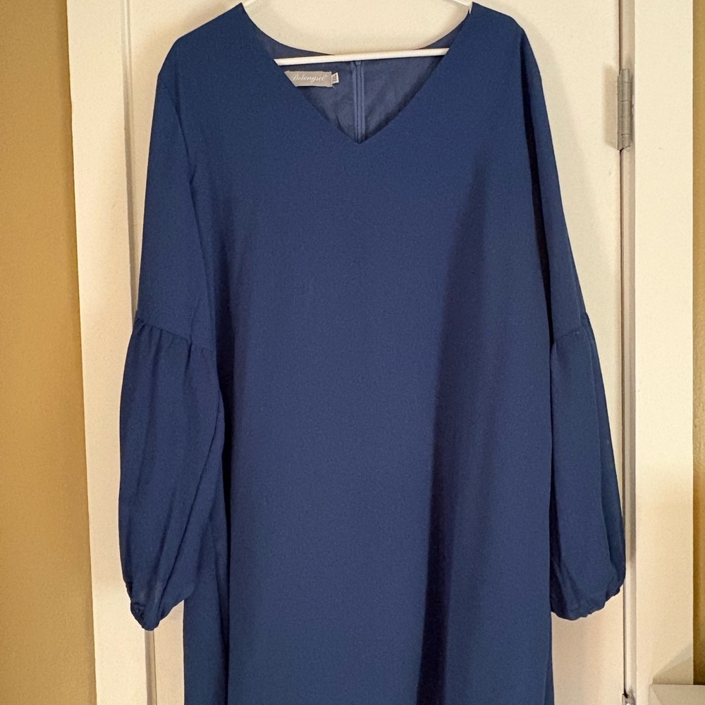 Blue Long Sleeve V-Neck Dress - Picture 2 of 4